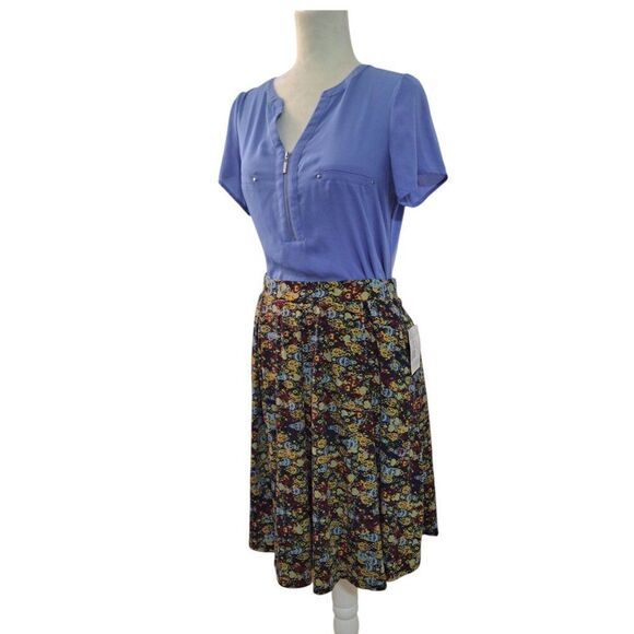 Lularoe Women's Madison Blue Yellow Flare Pockets Modest Work Skirt Sz Medium - Picture 2 of 7
